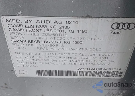 2014 Audi Q5 2.0T Premium из США, поврежденный, VIN WA1LFAFP4EA093719